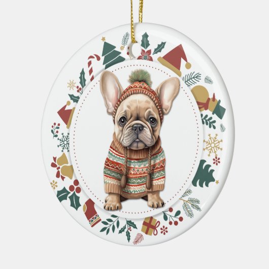 Franse Bulldog Puppy in Winter Sweater Kerstmis Keramisch Ornament (Links)
