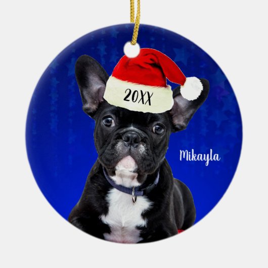 Franse Bulldog Puppy met Kerstmis met Kerstmis Keramisch Ornament (Voorkant)