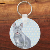 Franse Bulldog Puppy met witte bloemen Sleutelhanger (Voorkant)