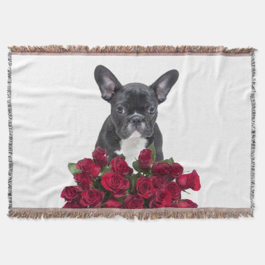 Franse Bulldog Puppy Rozen Bloemen Gooien Wit Deken (Voorkant)