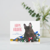 Franse Bulldog Puppy Verward In Lichten Feestdagenkaart (Staand voorkant)