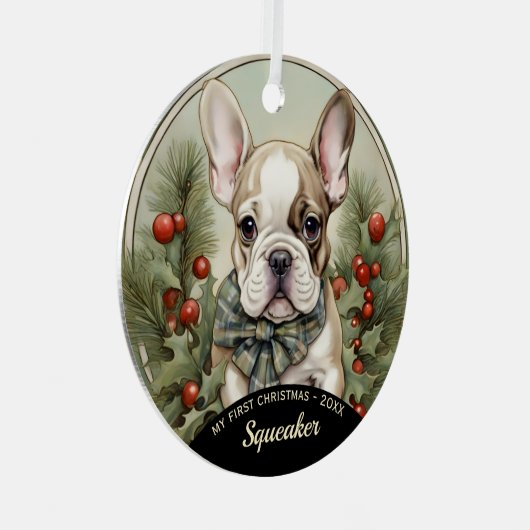 Franse Bulldog Puppy's Eerste Kerstmis Ornament (Voorkant Rechts)