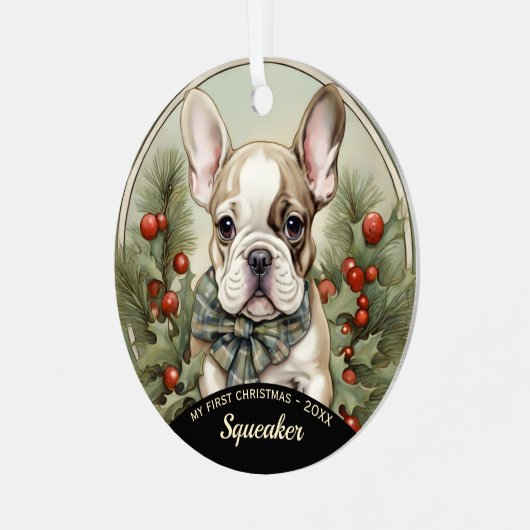 Franse Bulldog Puppy's Eerste Kerstmis Ornament (Voorkant links)