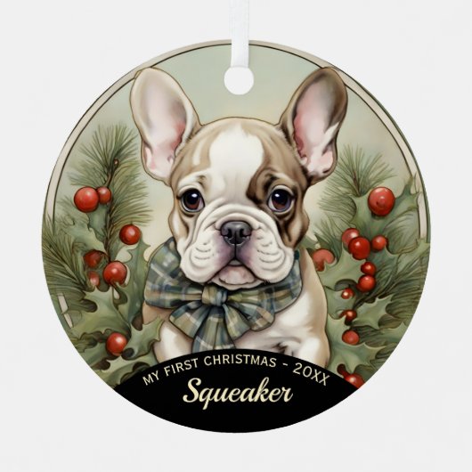 Franse Bulldog Puppy's Eerste Kerstmis Ornament (Voorkant)