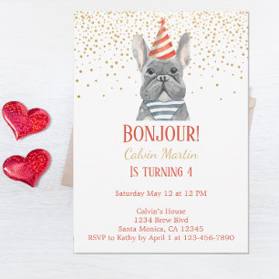 Franse Bulldog Red Fourth Birthday Invitation Kaart