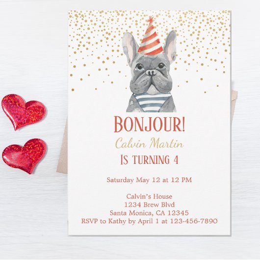 Franse Bulldog Red Fourth Birthday Invitation Kaart