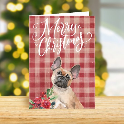 Franse Bulldog Red Plaid Kerstmis Feestdagen Kaart