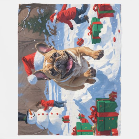 Franse Bulldog rent in de sneeuw met kerst Pet Fleece Deken (Voorkant)