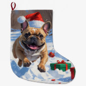 Franse Bulldog rent in de sneeuw met kerst Pet Grote Kerstsok (Voorkant)