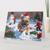 Franse Bulldog rent in de sneeuw met kerst Pet Kaart (Voorkant)