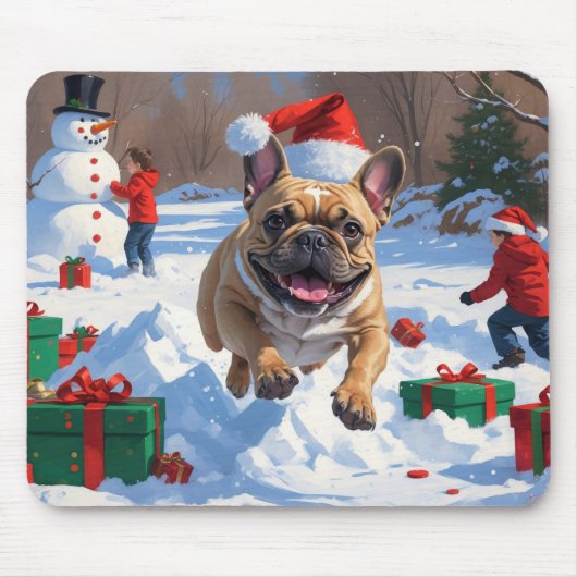 Franse Bulldog rent in de sneeuw met kerst Pet Muismat (Voorkant)