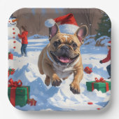 Franse Bulldog rent in de sneeuw met kerst Pet Papieren Bordje (Voorkant)