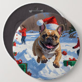 Franse Bulldog rent in de sneeuw met kerst Pet Ronde Button 6,0 Cm (Voorkant /achterkant)