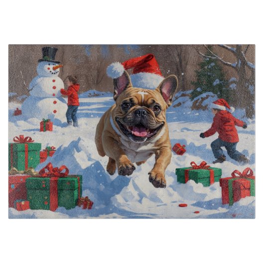 Franse Bulldog rent in de sneeuw met kerst Pet Snijplank (Voorkant)