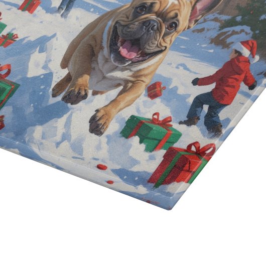 Franse Bulldog rent in de sneeuw met kerst Pet Snijplank (Hoek)
