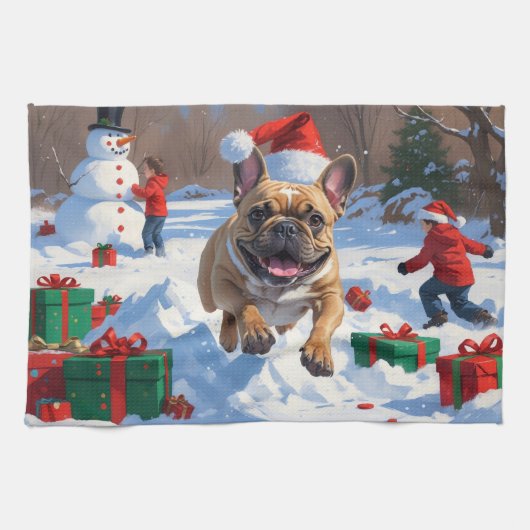 Franse Bulldog rent in de sneeuw met kerst Pet Theedoek (Horizontaal)