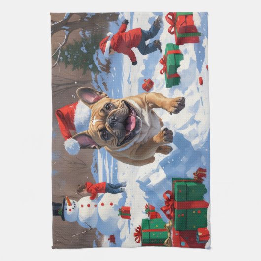 Franse Bulldog rent in de sneeuw met kerst Pet Theedoek (Verticaal)