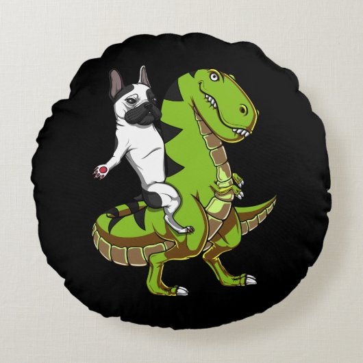 Franse Bulldog Riding T-Rex Dinosaur Funny Dog Rond Kussen (Voorkant)