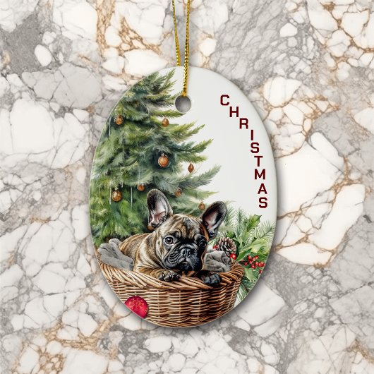 Franse Bulldog rieten mand kerst Keramisch Ornament