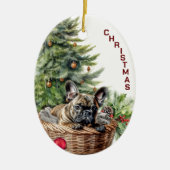 Franse Bulldog rieten mand kerst Keramisch Ornament (Voorkant)