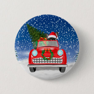 Franse Bulldog Rijdt Auto In Sneeuw Kerstmis  Ronde Button 5,7 Cm