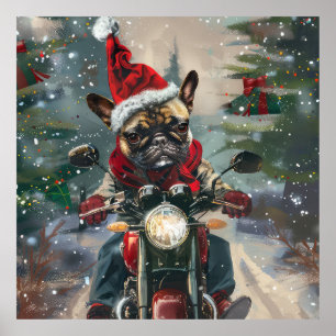 Franse Bulldog Rijdt op Motorfiets Kerstmis Poster