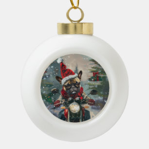 Franse Bulldog rijdt op motorfiets met Kerstmis Keramische Bal Ornament