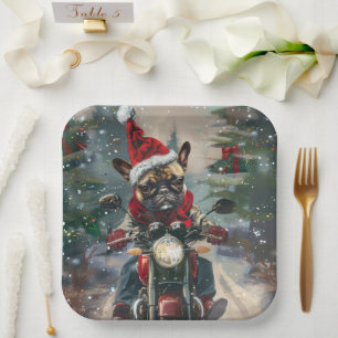 Franse Bulldog rijdt op motorfiets met Kerstmis Papieren Bordje
