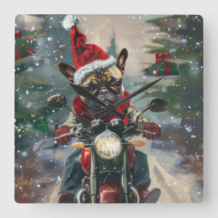 Franse Bulldog rijdt op motorfiets met Kerstmis Vierkante Klok
