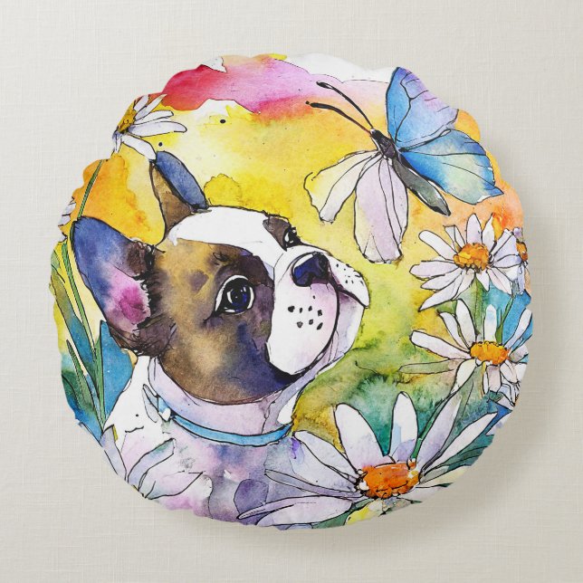 Franse Bulldog Rond Kussen (Voorkant)