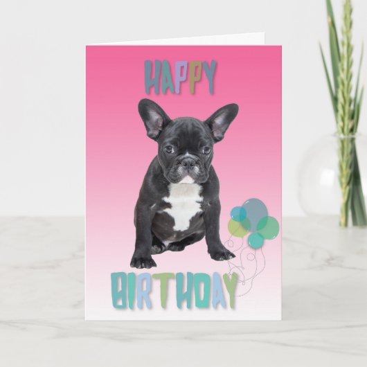Franse Bulldog Roze Happy Birthday Wenskaart Kaart (Voorkant)