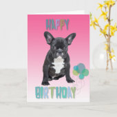 Franse Bulldog Roze Happy Birthday Wenskaart Kaart (Gele Bloem)