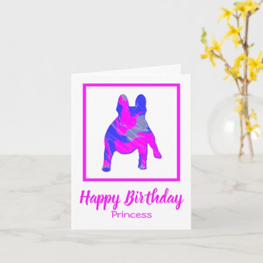 Franse Bulldog Roze Silhouet Hond Grappige Kaart (Gele Bloem)