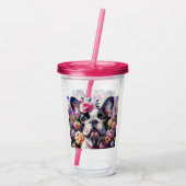 Franse Bulldog Rozen Floral Roze Zwart Wit Acryl Drinkbeker (Achterkant)