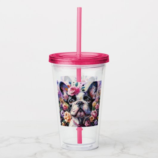 Franse Bulldog Rozen Floral Roze Zwart Wit Acryl Drinkbeker (Voorkant)