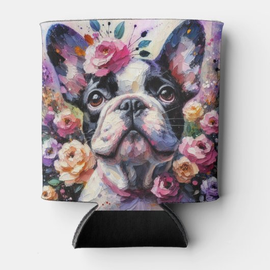 Franse Bulldog Rozen Floral Roze Zwart Wit Blikjeskoeler (Voorkant)