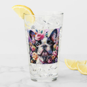 Franse Bulldog Rozen Floral Roze Zwart Wit Glas