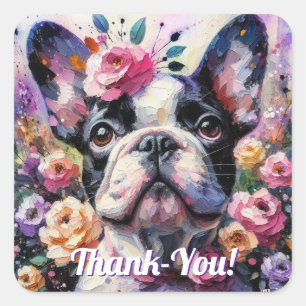 Franse Bulldog Rozen Floral Roze Zwart Wit Vierkante Sticker