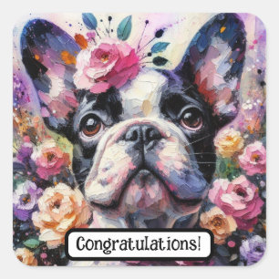 Franse Bulldog Rozen Floral Roze Zwart Wit Vierkante Sticker