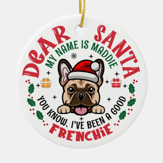 Franse Bulldog Santa Christmas Aangepaste naam Keramisch Ornament (Voorkant)