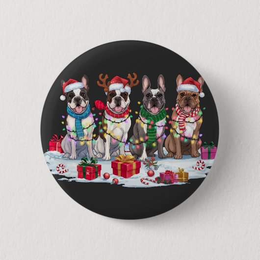 Franse bulldog Santa hat gewei elf Kerstmis Ronde Button 5,7 Cm (Voorkant)
