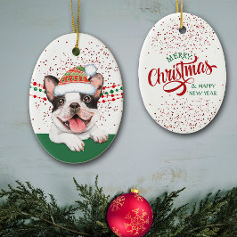 Franse Bulldog Santa Hat Red Confetti Keramisch Ornament