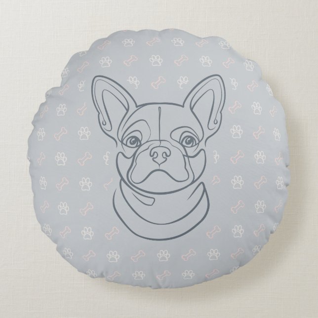 Franse Bulldog Sierlijn Kunst Patroon Rond Kussen (Voorkant)