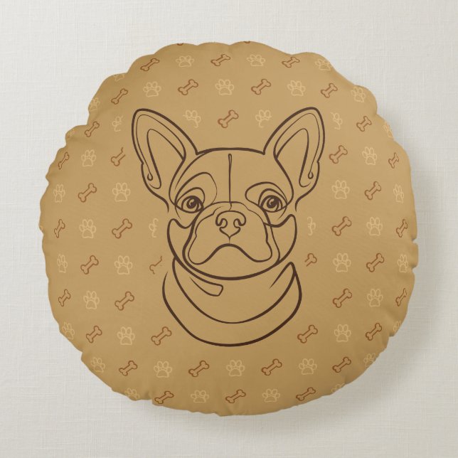 Franse Bulldog Sierlijn Kunstpatroon Rond Kussen (Voorkant)