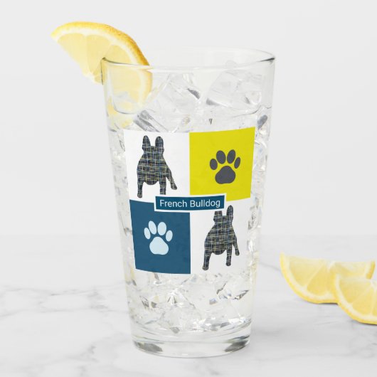 Franse Bulldog Silhouette Dog & Paw Y&B Grid Glas (Voorkant ijs)