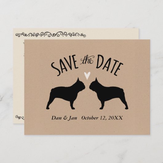 Franse Bulldog Silhouetten Bruiloft Save the Date Aankondigingskaart (Voorkant / Achterkant)
