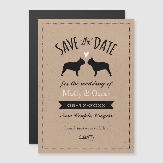 Franse Bulldog Silhouetten Bruiloft Save the Date Magnetische Uitnodiging (Voorkant / Achterkant)