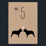 Franse Bulldog Silhouettes Dogs Wedding Reception Kaart<br><div class="desc">Zwart Frans Bulldog bruid en bruinsilhouettes met hart. Een kaartje met een kraftachtige trouwreceptietabel voor Franstalige liefhebbers. Elke kaart moet afzonderlijk worden genummerd en aan de wagen worden toegevoegd. Bezoek Jenn's Doodle World voor nog meer hondenras tafelkaarten en Frenchy-producten voor bruiloft planning.</div>