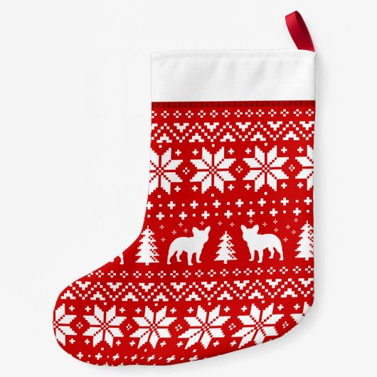 Franse Bulldog Silhouettes Pattern Red en White Kleine Kerstsok (Achterkant)