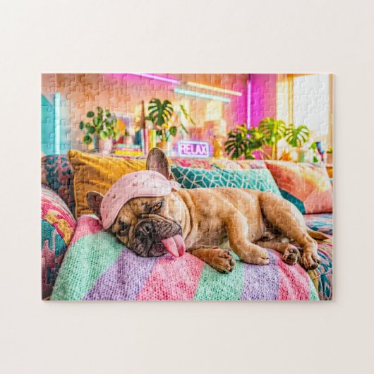 Franse Bulldog Slapend met Slaapmasker Legpuzzel (Horizontaal)